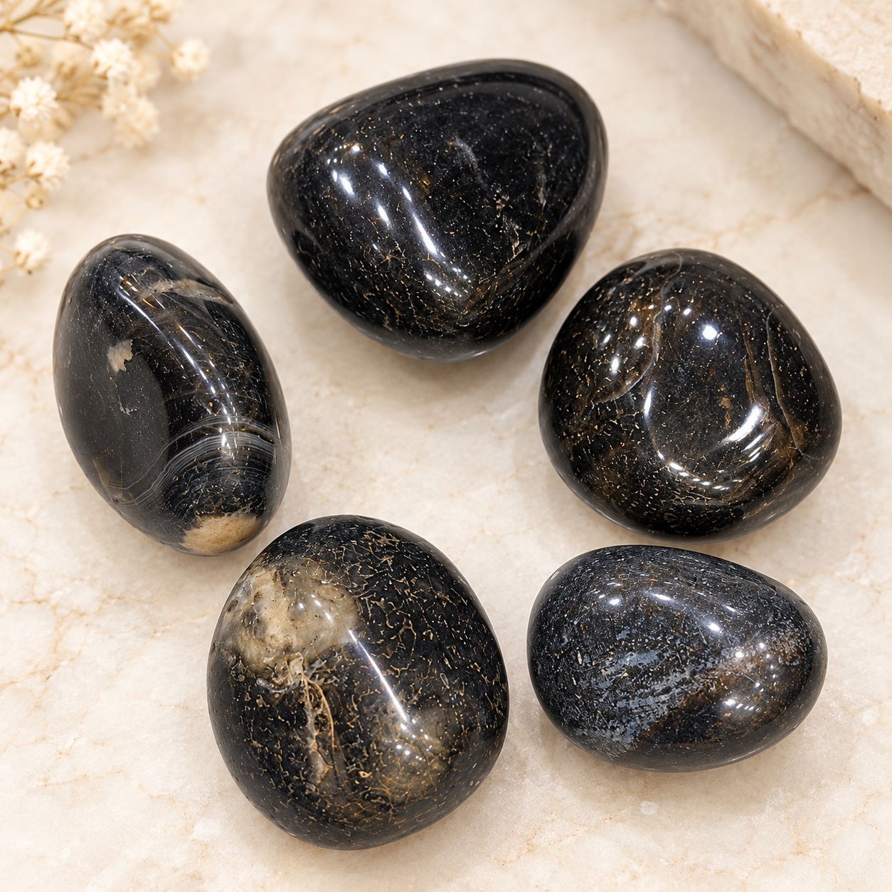Black Onyx Stone 5 Piece Set | Polished Black Onyx Gemstone Collection | 50 gm | Natural-Looking Tumbled Stones for Home Décor, Meditation, Puja, Gemstone Collection & Gifting - Image 8