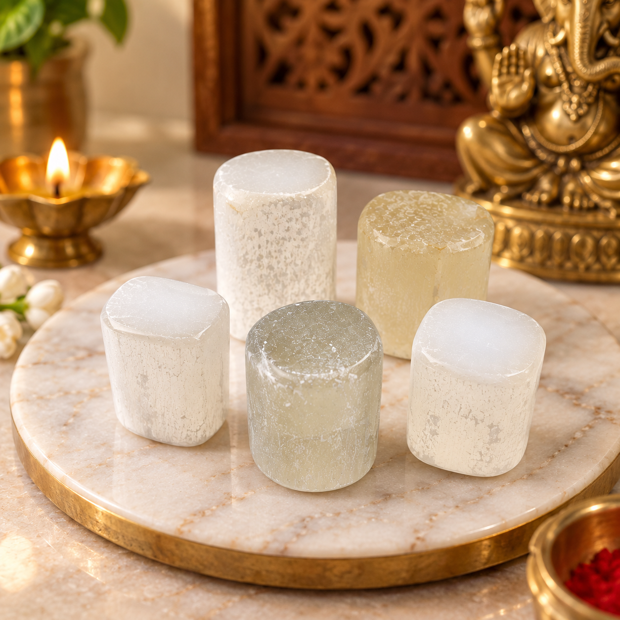 Natural Selenite Stone Set of 5 Pieces – 70g | Polished White Selenite Gypsum Crystals for Spiritual Practice, Meditation, Décor & Crystal Collection - Image 2