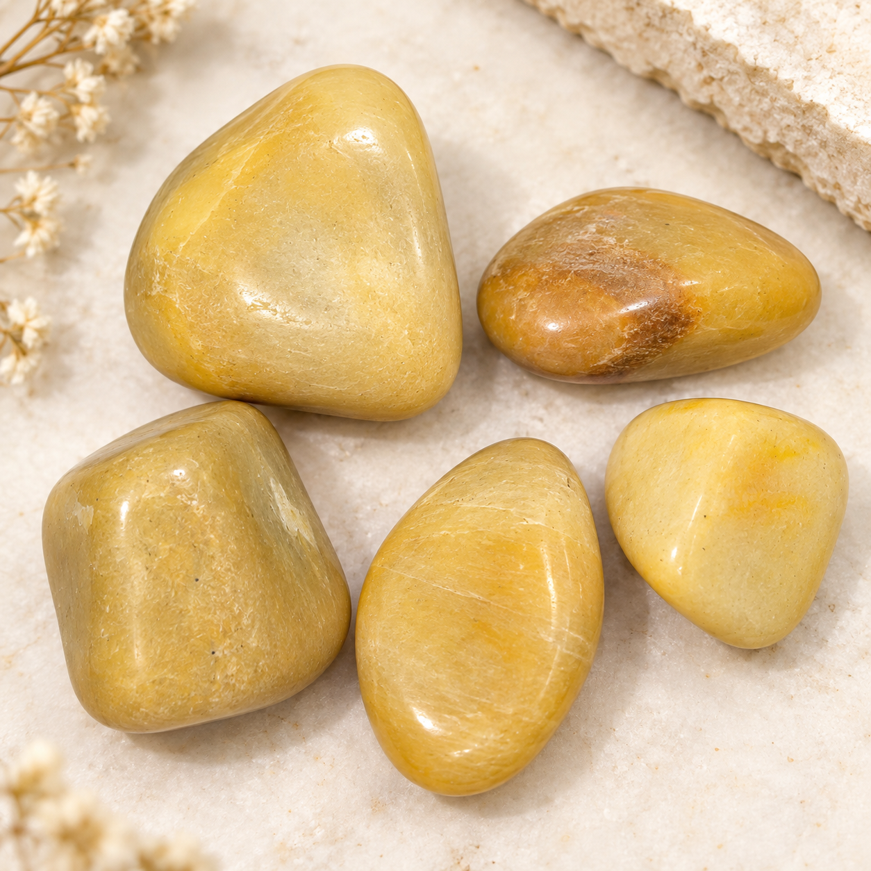 Yellow Jade Stone 5-Piece Set | Natural Polished Yellow Jade Stones | 100 gm Collection | Smooth Tumbled Gemstones for Meditation, Spiritual Decor, Puja & Gifting - Image 3