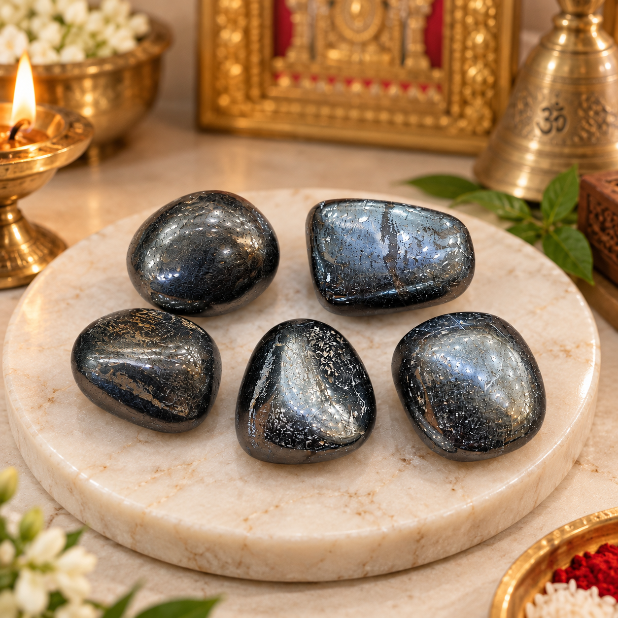 Natural Hematite Stone Set of 5 Pieces – Polished Black Hematite Tumbled Stones, 120 gm | Spiritual & Meditation Collection | Decorative Crystal Stones for Pooja, Home & Personal Collection - Image 2