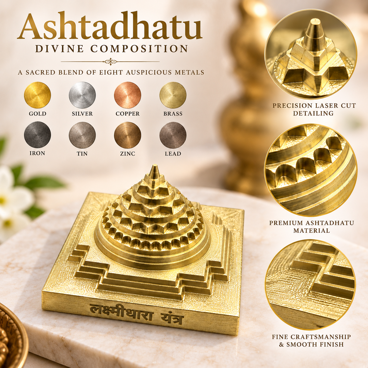 Shri Kuber Yantra in Ashtadhatu | 4 x 4 cm Traditional Kuber Yantra with Raised Sacred Geometry | 3 cm Height | Premium Spiritual Puja Yantra for Home, Office & Temple