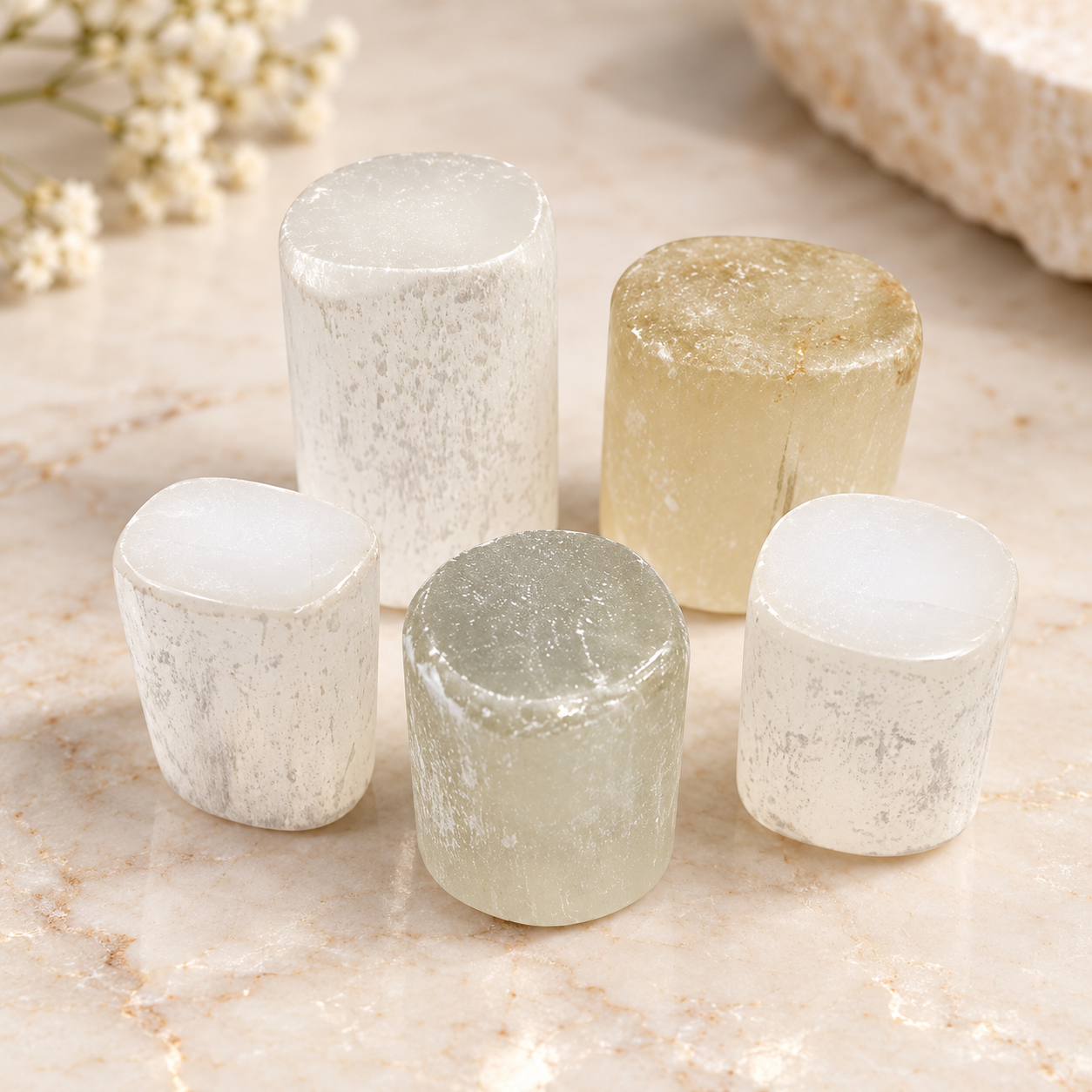 Natural Selenite Stone Set of 5 Pieces – 70g | Polished White Selenite Gypsum Crystals for Spiritual Practice, Meditation, Décor & Crystal Collection - Image 5