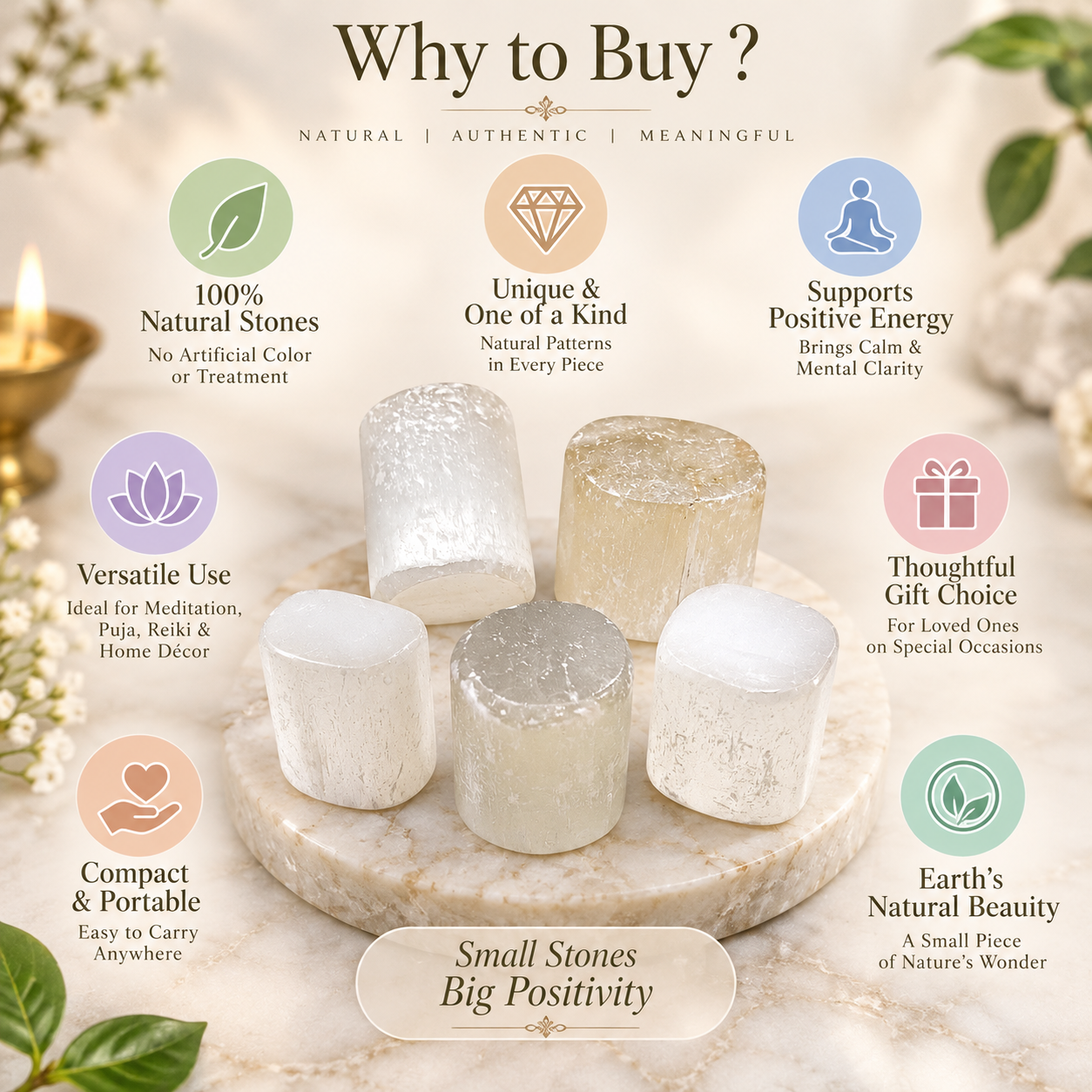 Natural Selenite Stone Set of 5 Pieces – 70g | Polished White Selenite Gypsum Crystals for Spiritual Practice, Meditation, Décor & Crystal Collection - Image 6