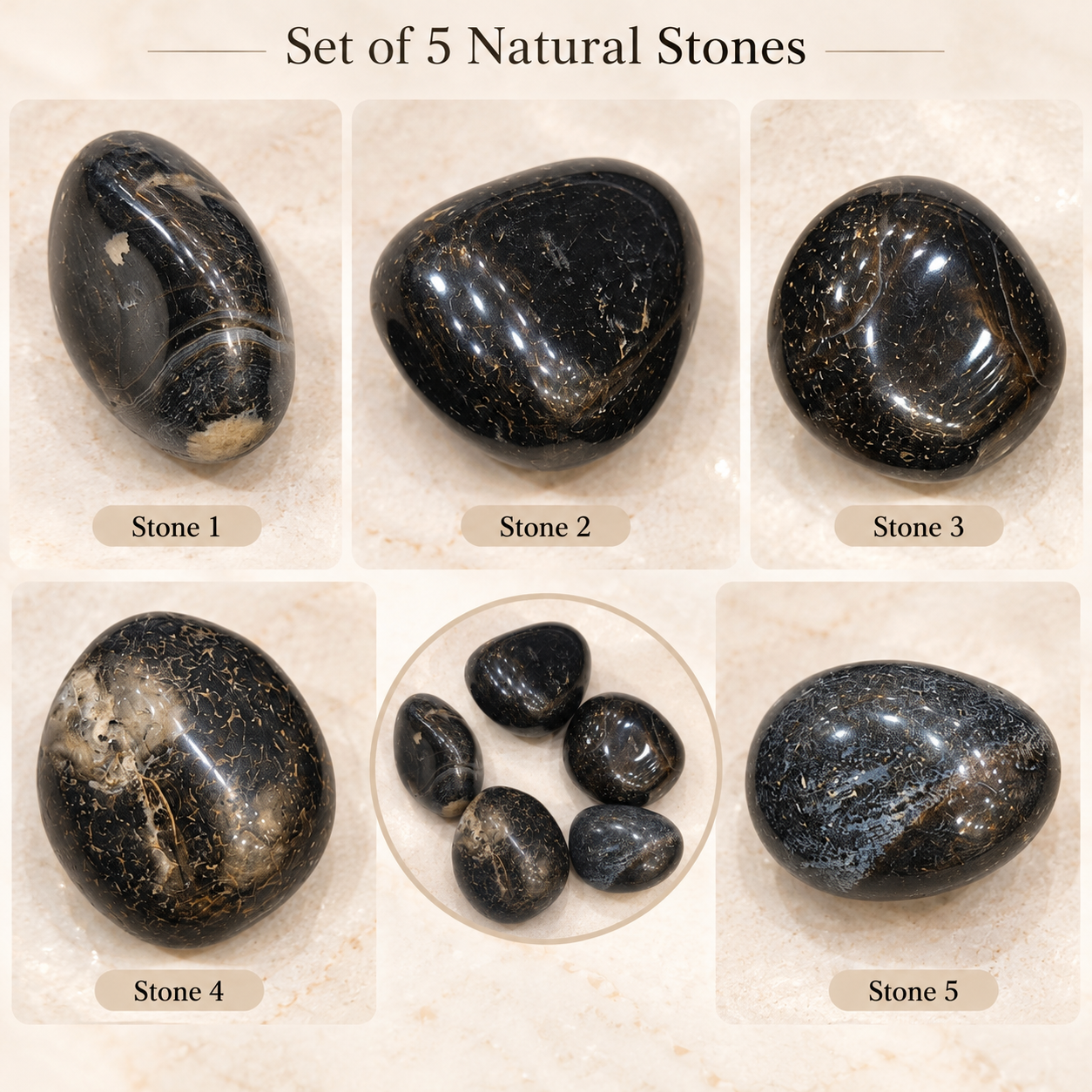 Black Onyx Stone 5 Piece Set | Polished Black Onyx Gemstone Collection | 50 gm | Natural-Looking Tumbled Stones for Home Décor, Meditation, Puja, Gemstone Collection & Gifting - Image 3