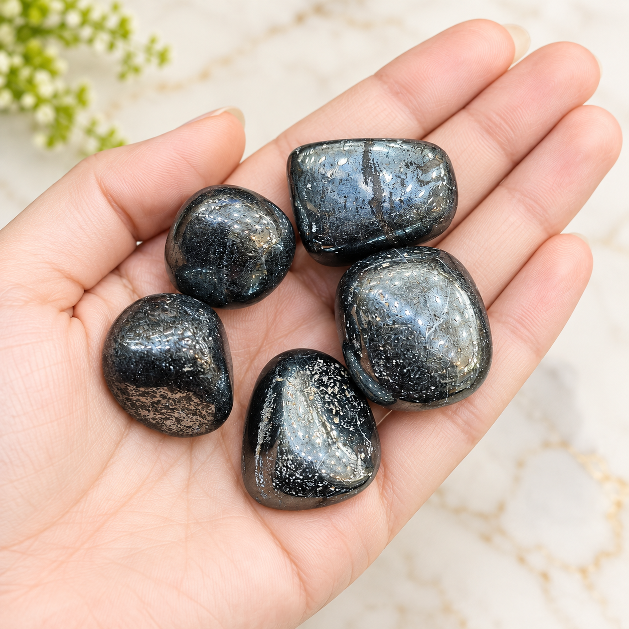 Natural Hematite Stone Set of 5 Pieces – Polished Black Hematite Tumbled Stones, 120 gm | Spiritual & Meditation Collection | Decorative Crystal Stones for Pooja, Home & Personal Collection