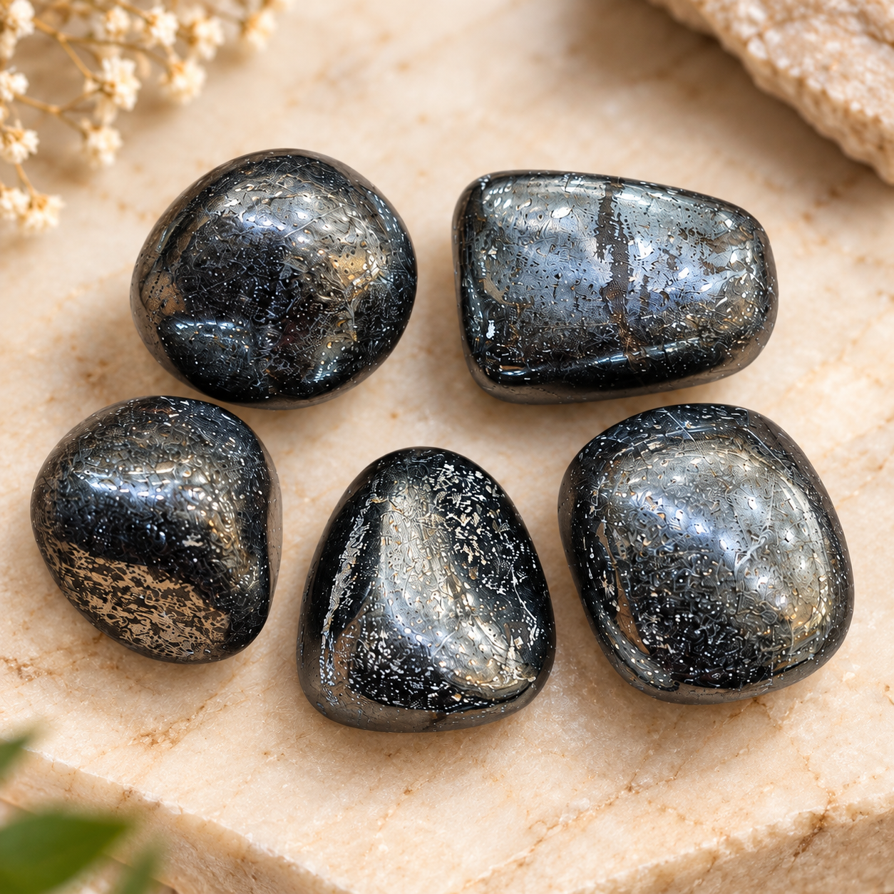 Natural Hematite Stone Set of 5 Pieces – Polished Black Hematite Tumbled Stones, 120 gm | Spiritual & Meditation Collection | Decorative Crystal Stones for Pooja, Home & Personal Collection - Image 5