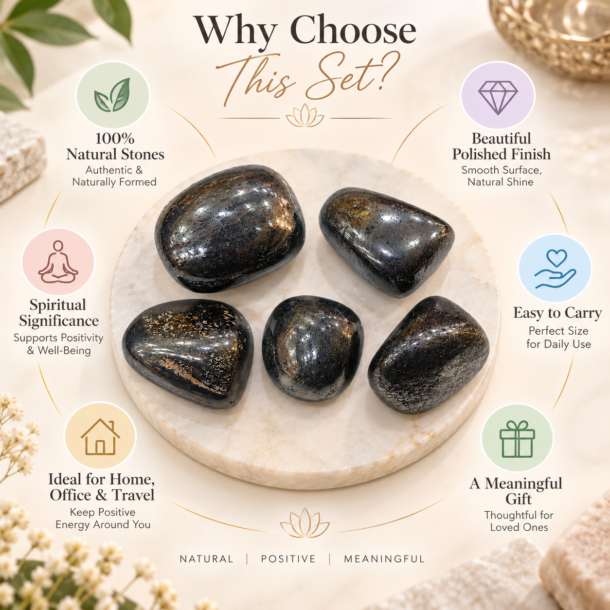 Natural Hematite Stone Set of 5 Pieces – Polished Black Hematite Tumbled Stones, 120 gm | Spiritual & Meditation Collection | Decorative Crystal Stones for Pooja, Home & Personal Collection - Image 4