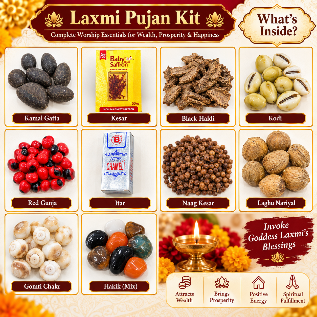 Laxmi Pujan Kit | Traditional Lakshmi Puja Samagri Set with Kamal Gatta, Kesar, Black Haldi, Kodi, Gomti Chakra, Naag Kesar, Laghu Nariyal, Hakik & Ittar | Spiritual Puja Essentials for Home Worship