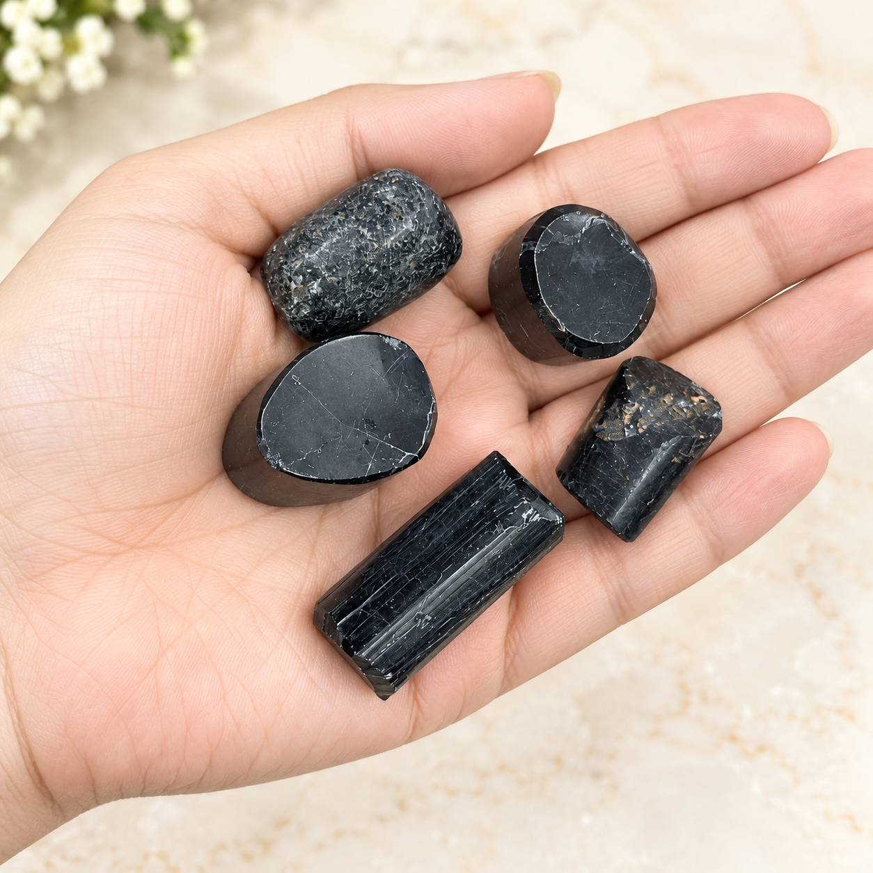 Black Tourmaline Stone – Set of 5 Natural Polished Pieces | 70 gm