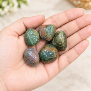 Natural Bloodstone / Heliotrope Stone – Set of 5 Pieces, 85g | Polished Green & Red Natural Stones for Spiritual Décor, Meditation & Collection