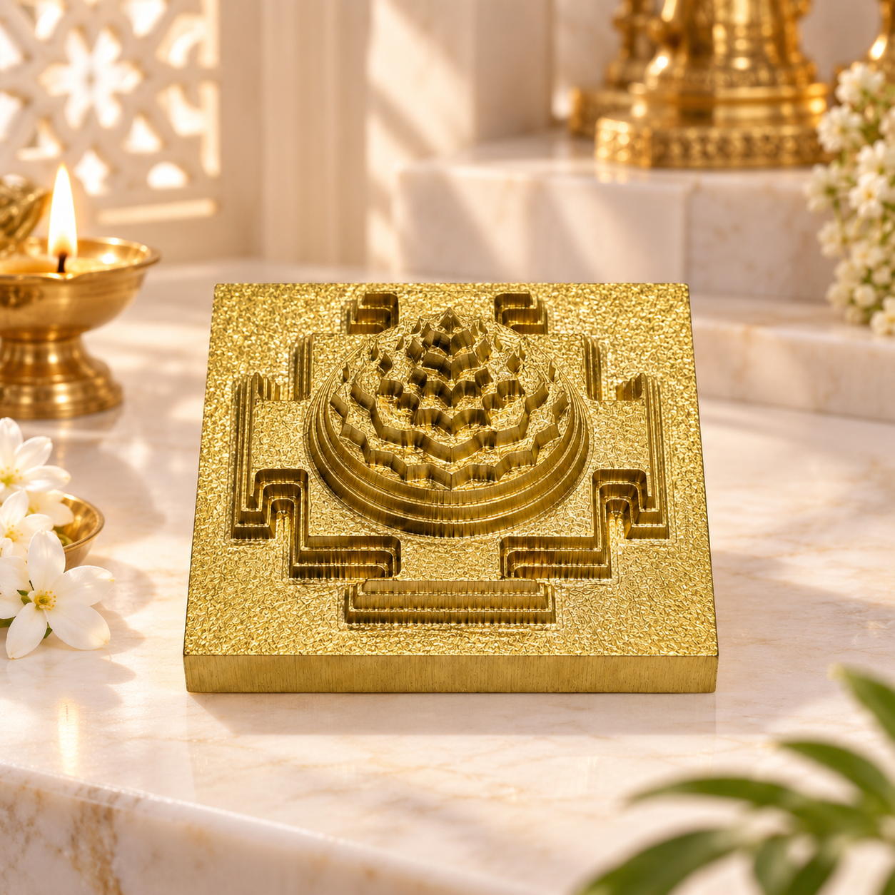 Shri Yantra in Ashtadhatu | 4 × 4 cm Traditional Shri Chakra with Raised Sacred Geometry | 3 cm Height, 100 g | Premium Puja Yantra for Home, Office & Temple