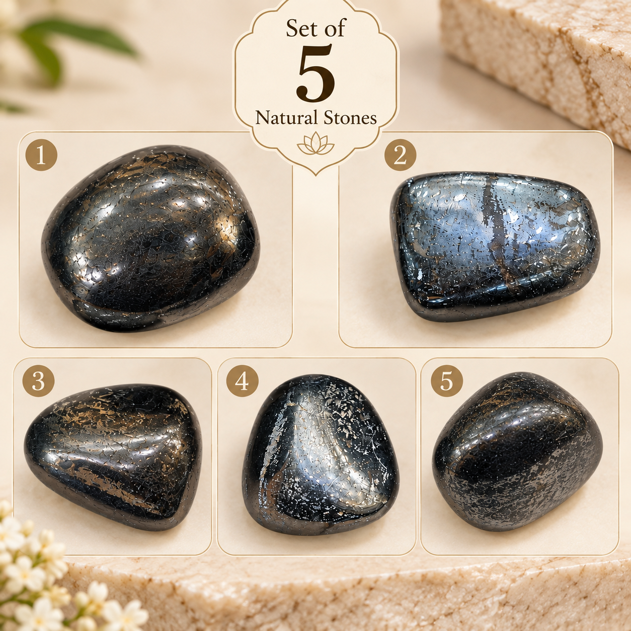 Natural Hematite Stone Set of 5 Pieces – Polished Black Hematite Tumbled Stones, 120 gm | Spiritual & Meditation Collection | Decorative Crystal Stones for Pooja, Home & Personal Collection - Image 8