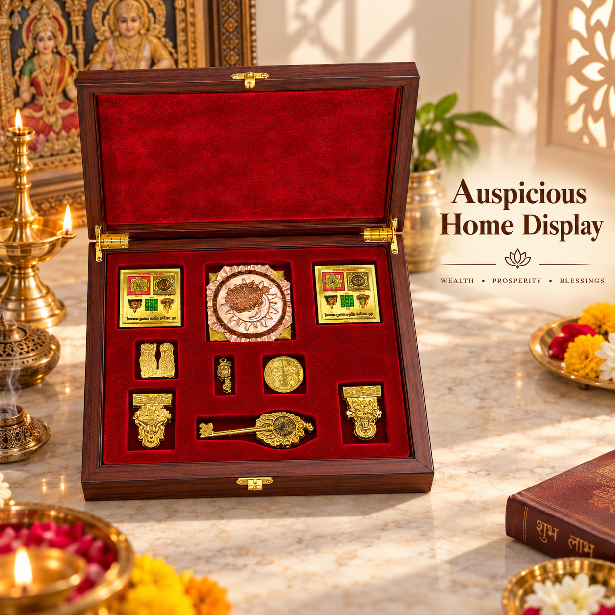 Shri Dhan Laxmi Kuber Dhan Varsha Yantra Set | Premium Wooden Box with Shri Dhan Laxmi Yantra, Kuber Yantra, Dhan Varsha Yantra, Laxmi Charan Paduka, Kuber Key, Coin & Shubh Dwaar Toran | Traditional Puja & Spiritual Collection - Image 3