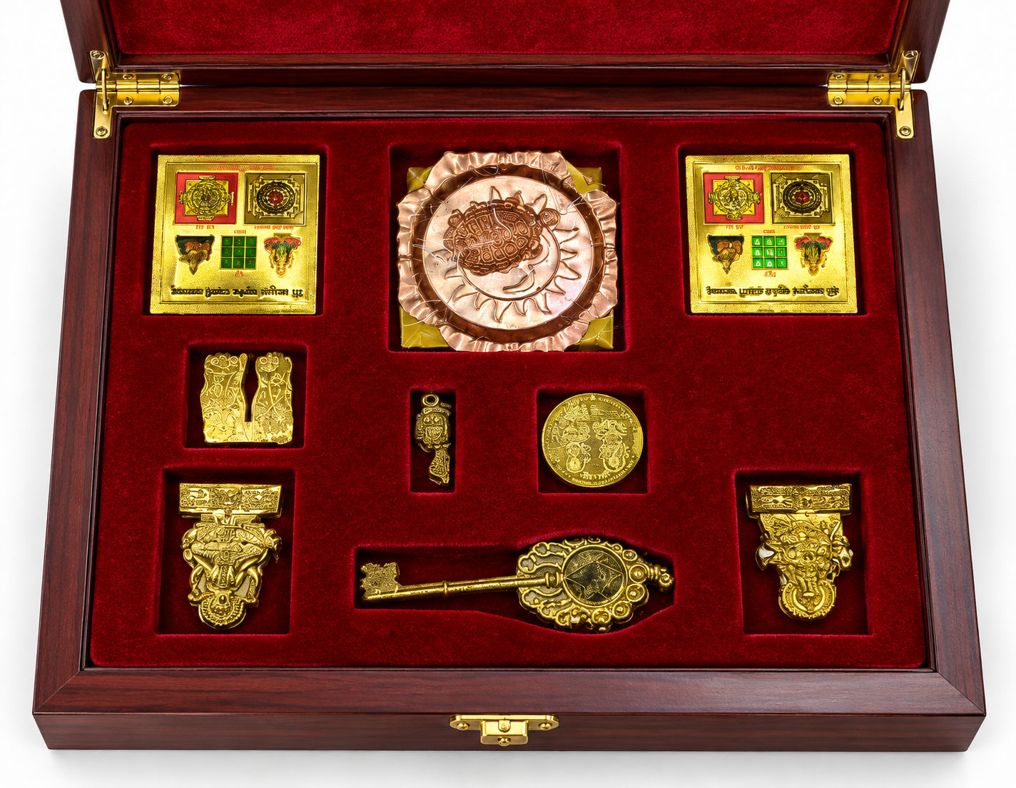 Shri Dhan Laxmi Kuber Dhan Varsha Yantra Set | Premium Wooden Box with Shri Dhan Laxmi Yantra, Kuber Yantra, Dhan Varsha Yantra, Laxmi Charan Paduka, Kuber Key, Coin & Shubh Dwaar Toran | Traditional Puja & Spiritual Collection - Image 4