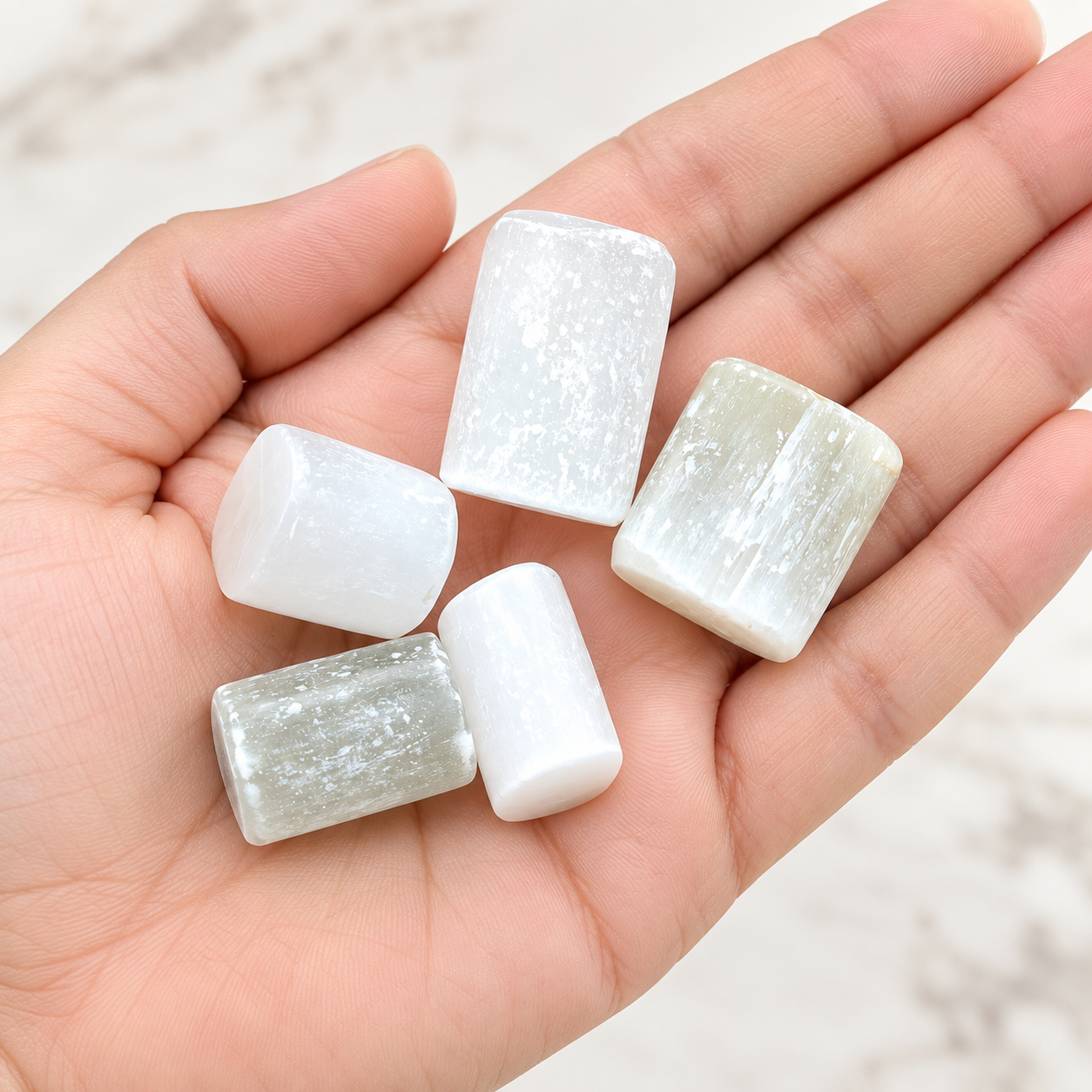 Natural Selenite Stone Set of 5 Pieces – 70g | Polished White Selenite Gypsum Crystals for Spiritual Practice, Meditation, Décor & Crystal Collection
