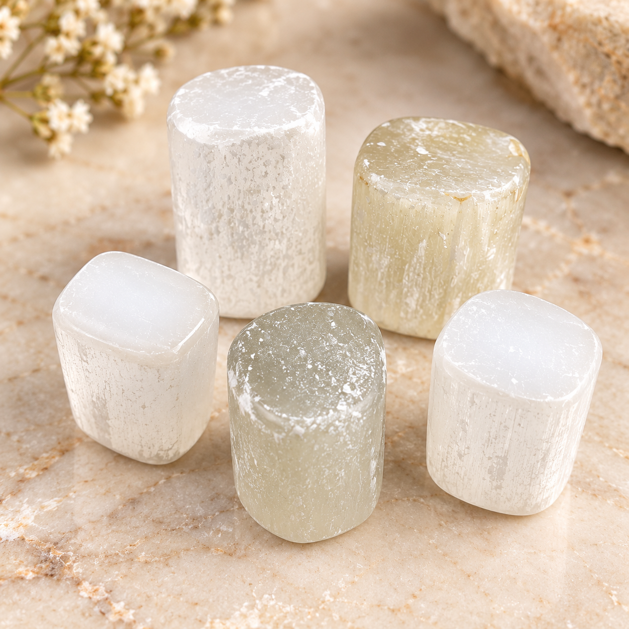 Natural Selenite Stone Set of 5 Pieces – 70g | Polished White Selenite Gypsum Crystals for Spiritual Practice, Meditation, Décor & Crystal Collection - Image 3