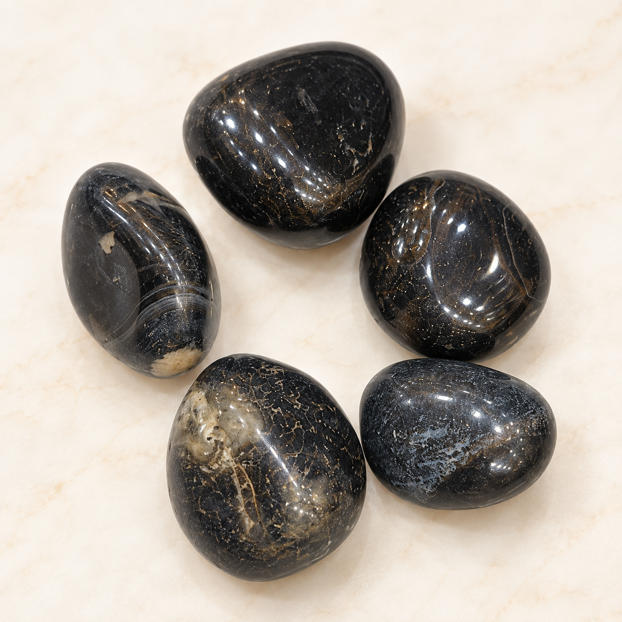 Black Onyx Stone 5 Piece Set | Polished Black Onyx Gemstone Collection | 50 gm | Natural-Looking Tumbled Stones for Home Décor, Meditation, Puja, Gemstone Collection & Gifting - Image 2