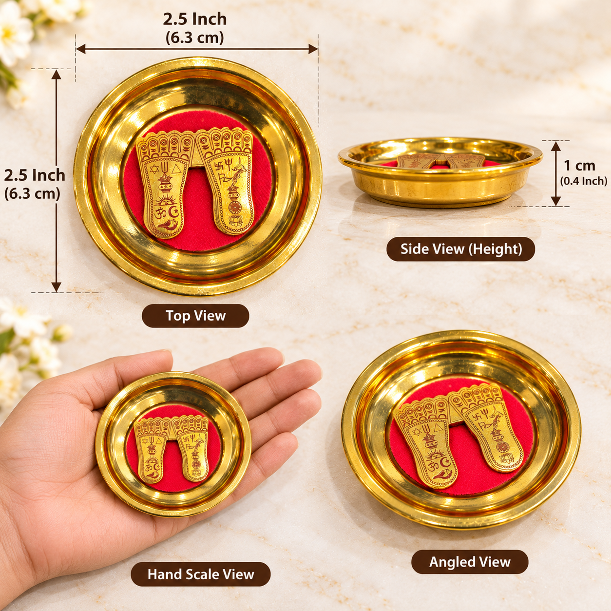 Brass Maa Laxmi Paduka with Red Base | Engraved Goddess Lakshmi Footprints in Golden Finish Plate for Puja, Diwali and Home Temple Décor 2.5 X 2.5 INCH - Image 2
