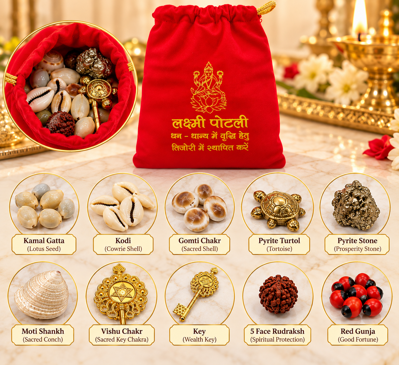 Shri Laxmi Potli for Puja & Spiritual Worship | Red Prosperity Pouch with 10 Traditional Sacred Items - Image 4