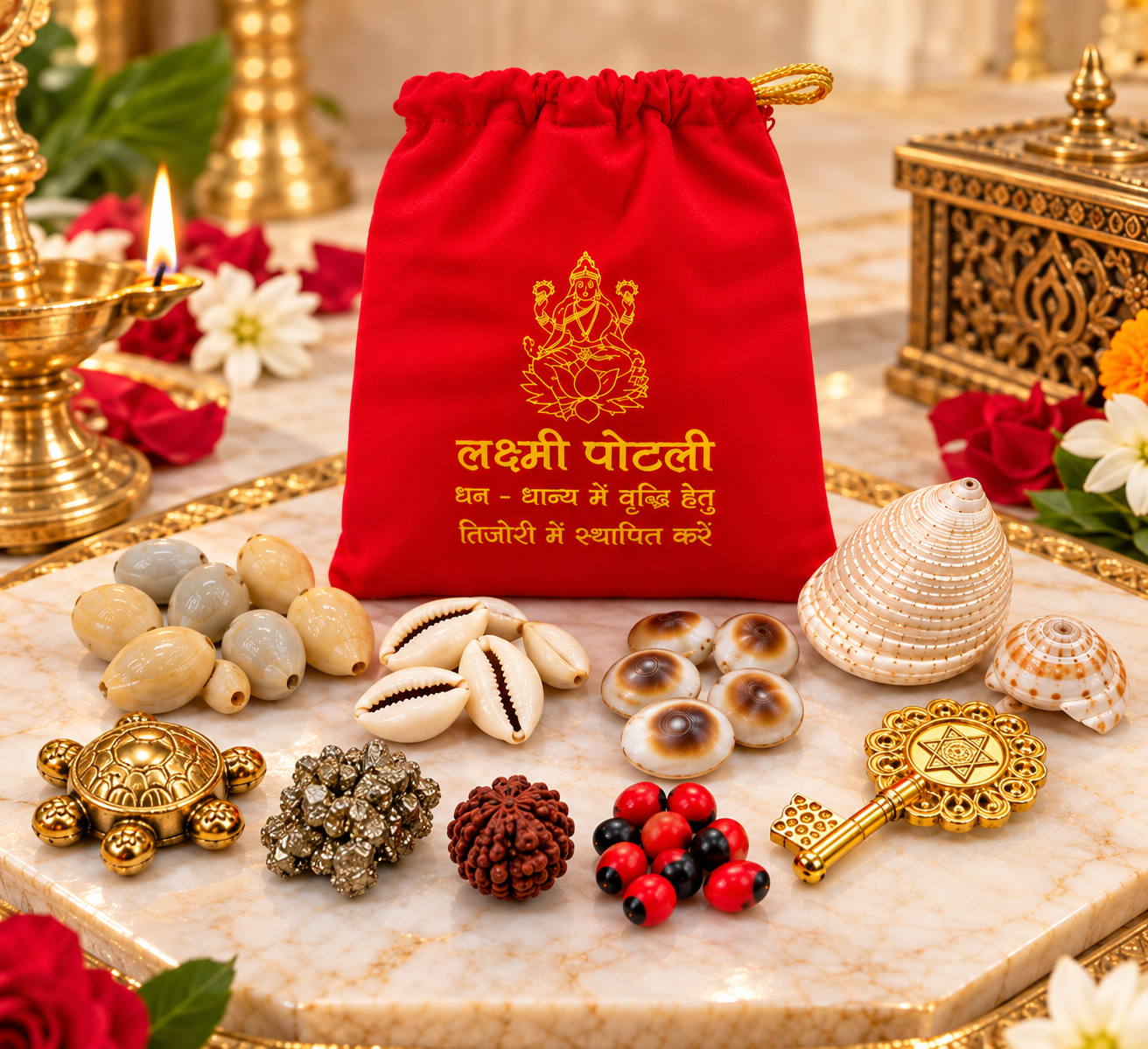 Shri Laxmi Potli for Puja & Spiritual Worship | Red Prosperity Pouch with 10 Traditional Sacred Items - Image 6