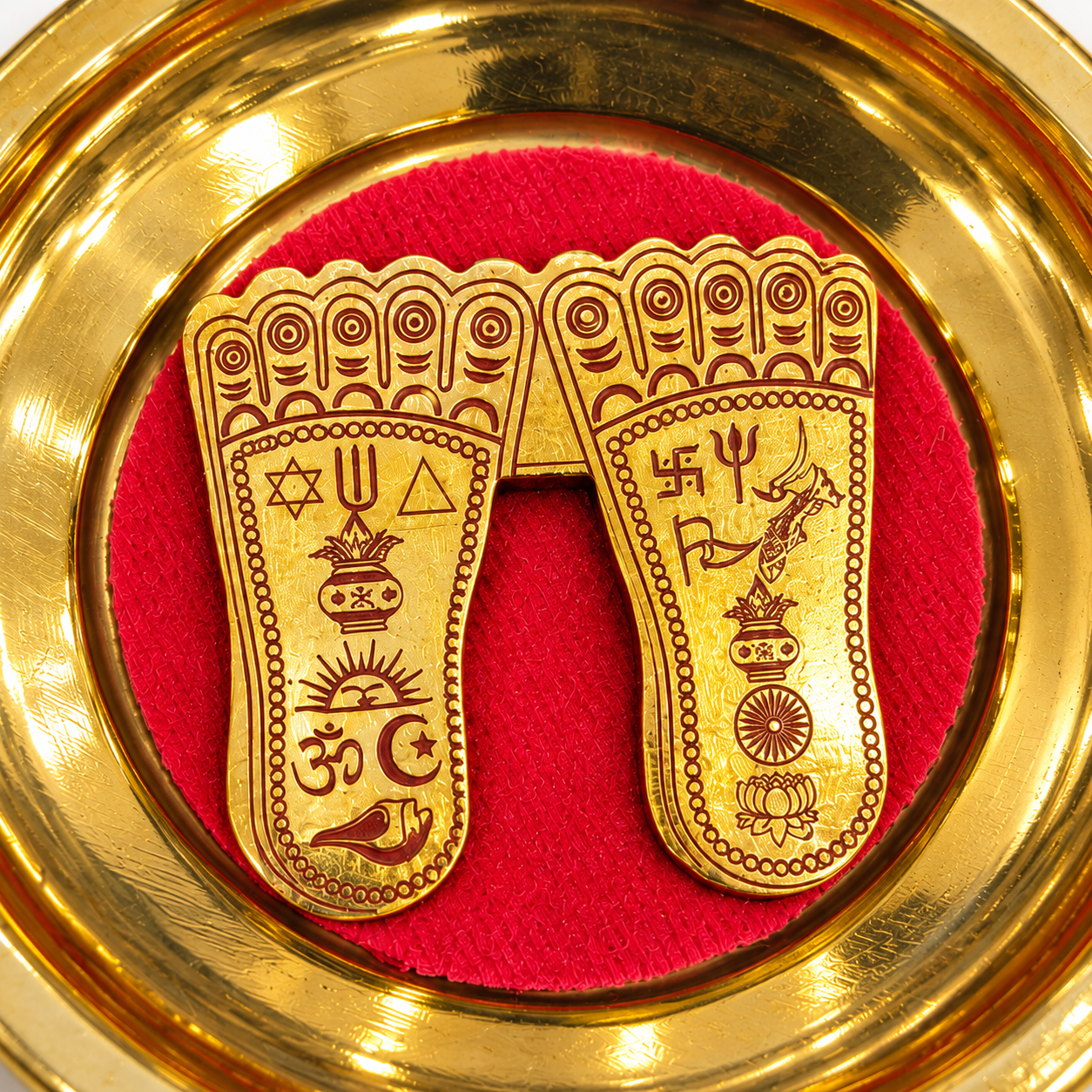 Brass Maa Laxmi Paduka with Red Base | Engraved Goddess Lakshmi Footprints in Golden Finish Plate for Puja, Diwali and Home Temple Décor 2.5 X 2.5 INCH - Image 4