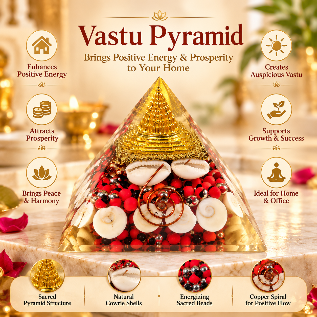 Laxmi Pyramid with Shri Yantra, Cowrie Shells, Gomti Chakras & Decorative Sacred Elements | Traditional Spiritual Décor for Home Temple, Office & Gifting, 3X3 INCH - Image 4
