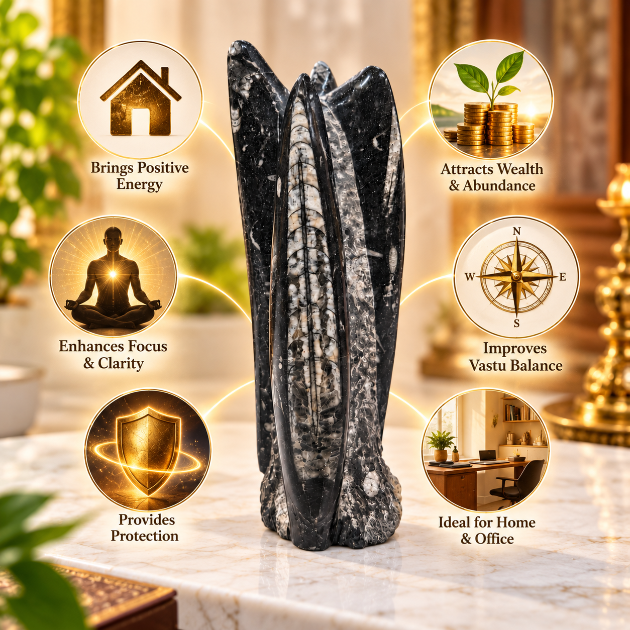 Original Kuber Stone Tower – Natural Orthoceras Fossil Stone for Spiritual Décor, Home Temple & Office Display