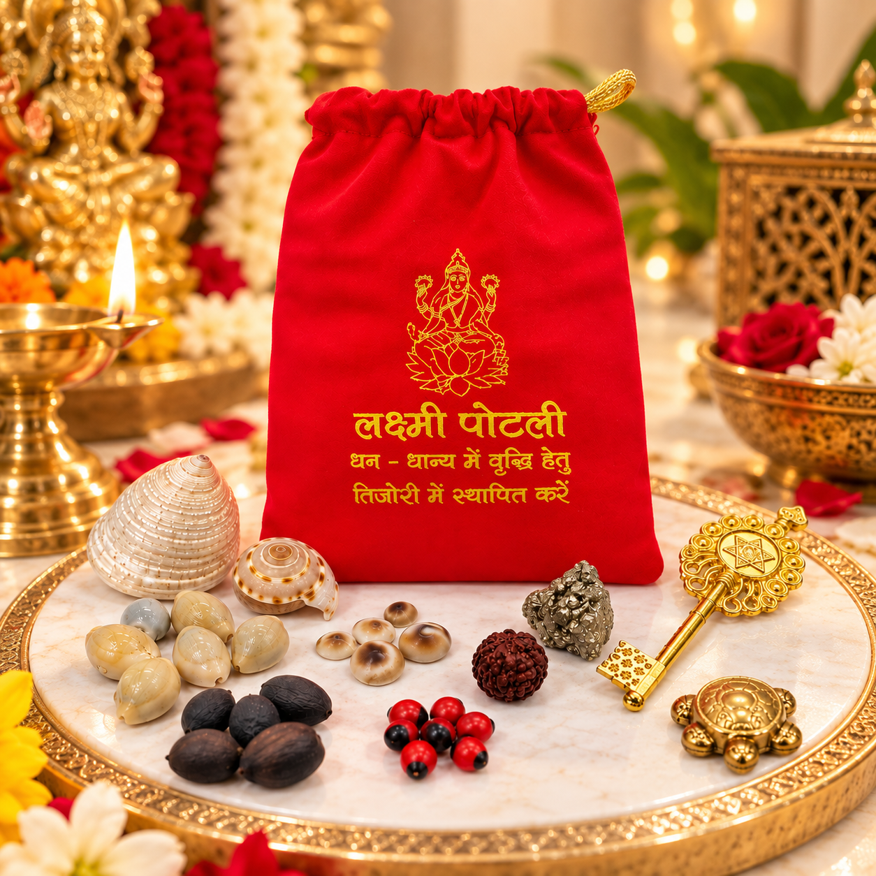 Shri Laxmi Potli for Puja & Spiritual Worship | Red Prosperity Pouch with 10 Traditional Sacred Items - Image 8