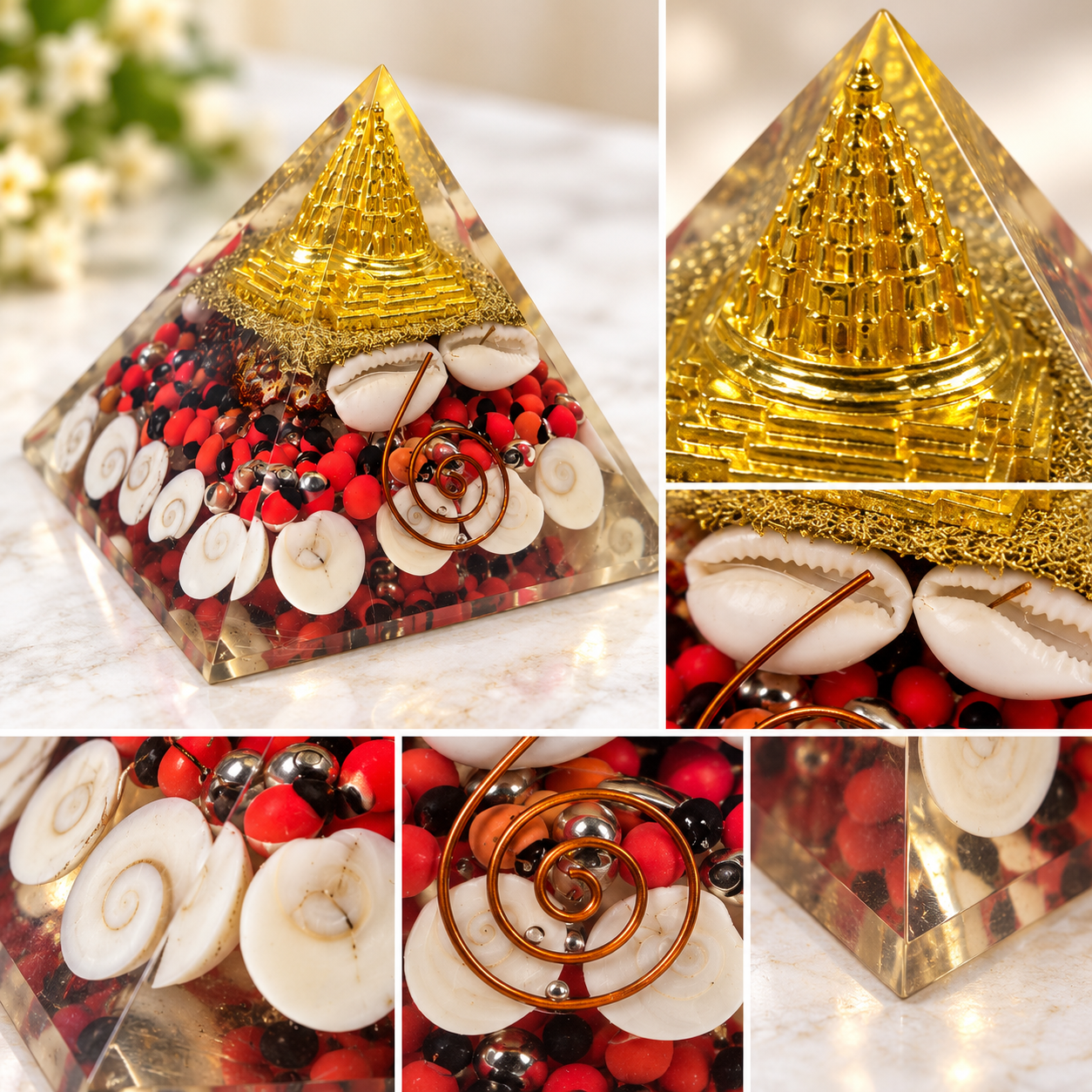 Laxmi Pyramid with Shri Yantra, Cowrie Shells, Gomti Chakras & Decorative Sacred Elements | Traditional Spiritual Décor for Home Temple, Office & Gifting, 3X3 INCH - Image 3