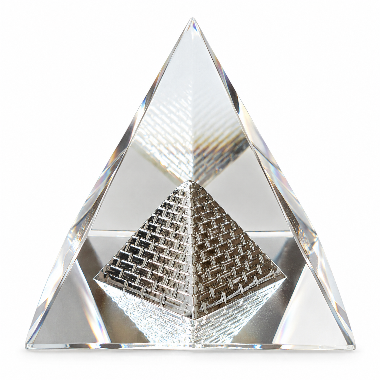 Crystal Pyramid with Reflective Silver-Tone Inner Pyramid | Transparent Geometric Showpiece for Home, Office, Meditation & Spiritual Décor, 5.5 X 5.5 CM