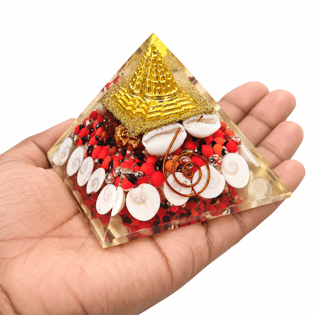Laxmi Pyramid with Shri Yantra, Cowrie Shells, Gomti Chakras & Decorative Sacred Elements | Traditional Spiritual Décor for Home Temple, Office & Gifting, 3X3 INCH