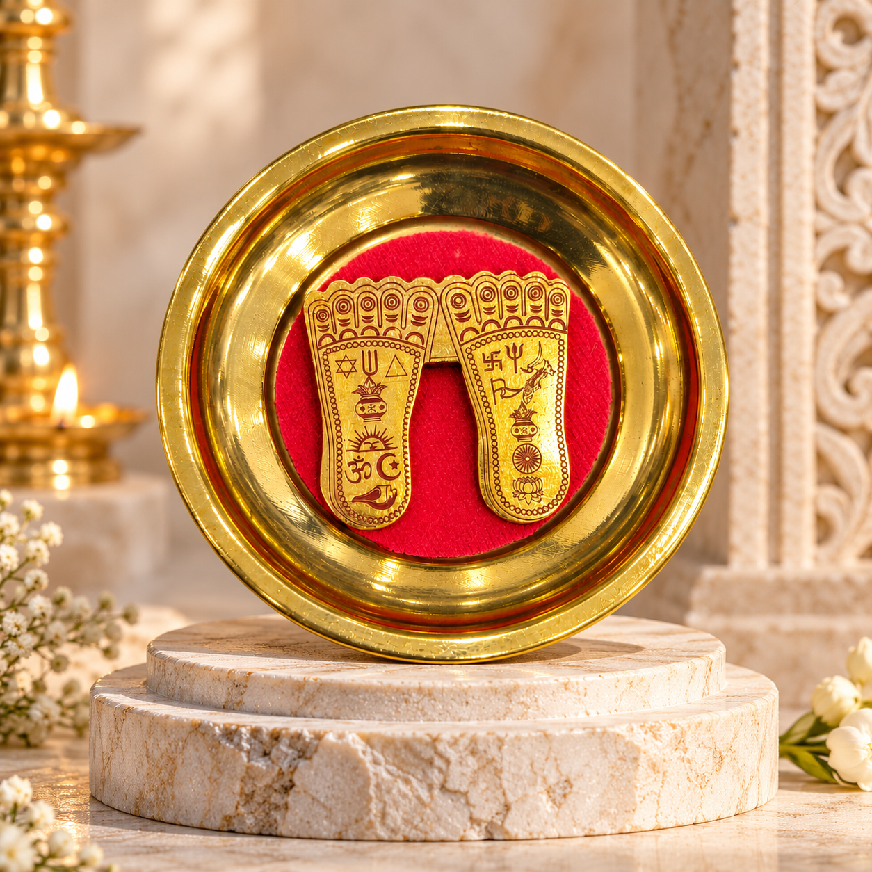 Brass Maa Laxmi Paduka with Red Base | Engraved Goddess Lakshmi Footprints in Golden Finish Plate for Puja, Diwali and Home Temple Décor 2.5 X 2.5 INCH - Image 3