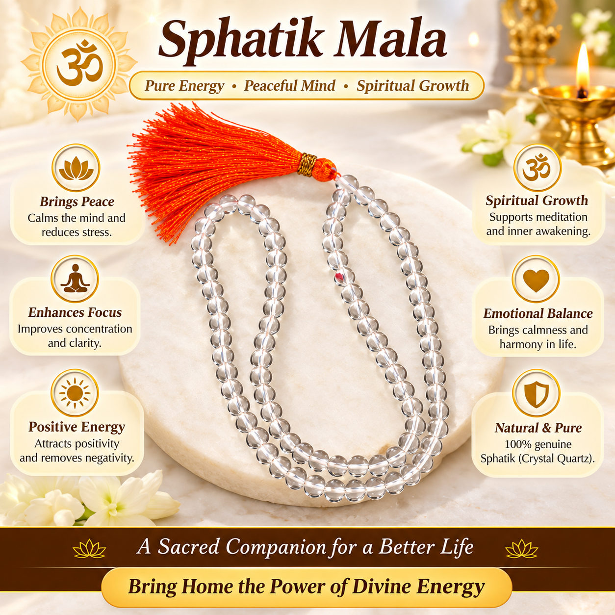 Sphatik Mala 5.5 mm | Clear Crystal Quartz Jap Mala with Red Tassel for Mantra Chanting, Meditation, Puja & Spiritual Wear , 108+ 1 BEADS