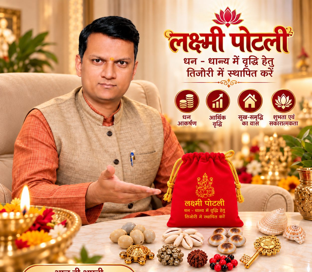 Shri Laxmi Potli for Puja & Spiritual Worship | Red Prosperity Pouch with 10 Traditional Sacred Items