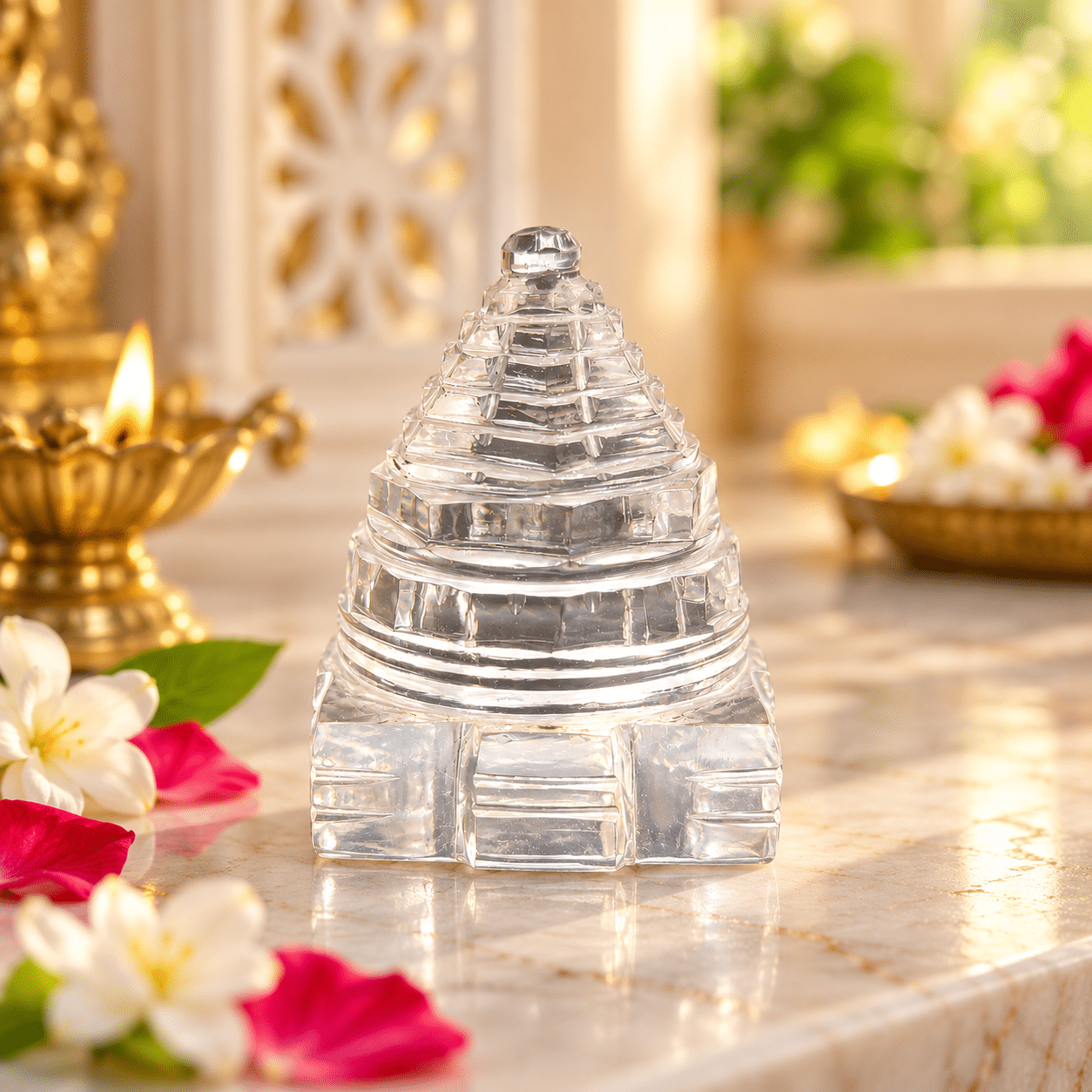 Sphatik Shri Yantra Crystal Meru | Transparent Stepped Sacred Geometry for Puja, Home Temple, Meditation & Spiritual Décor, 4.5 X 4.5 CM - Image 3