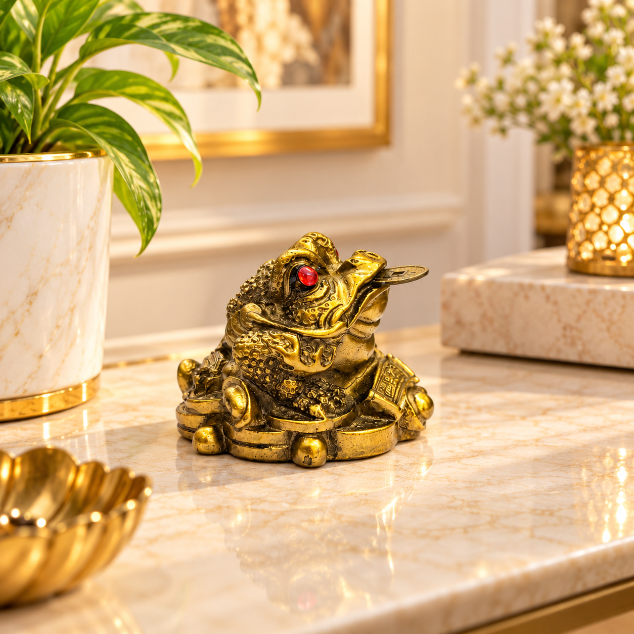 Feng Shui Money Frog with Coin in Mouth | Gold-Tone Three-Legged Toad Figurine with Red Eyes for Home, Office & Traditional Feng Shui Décor - Image 8