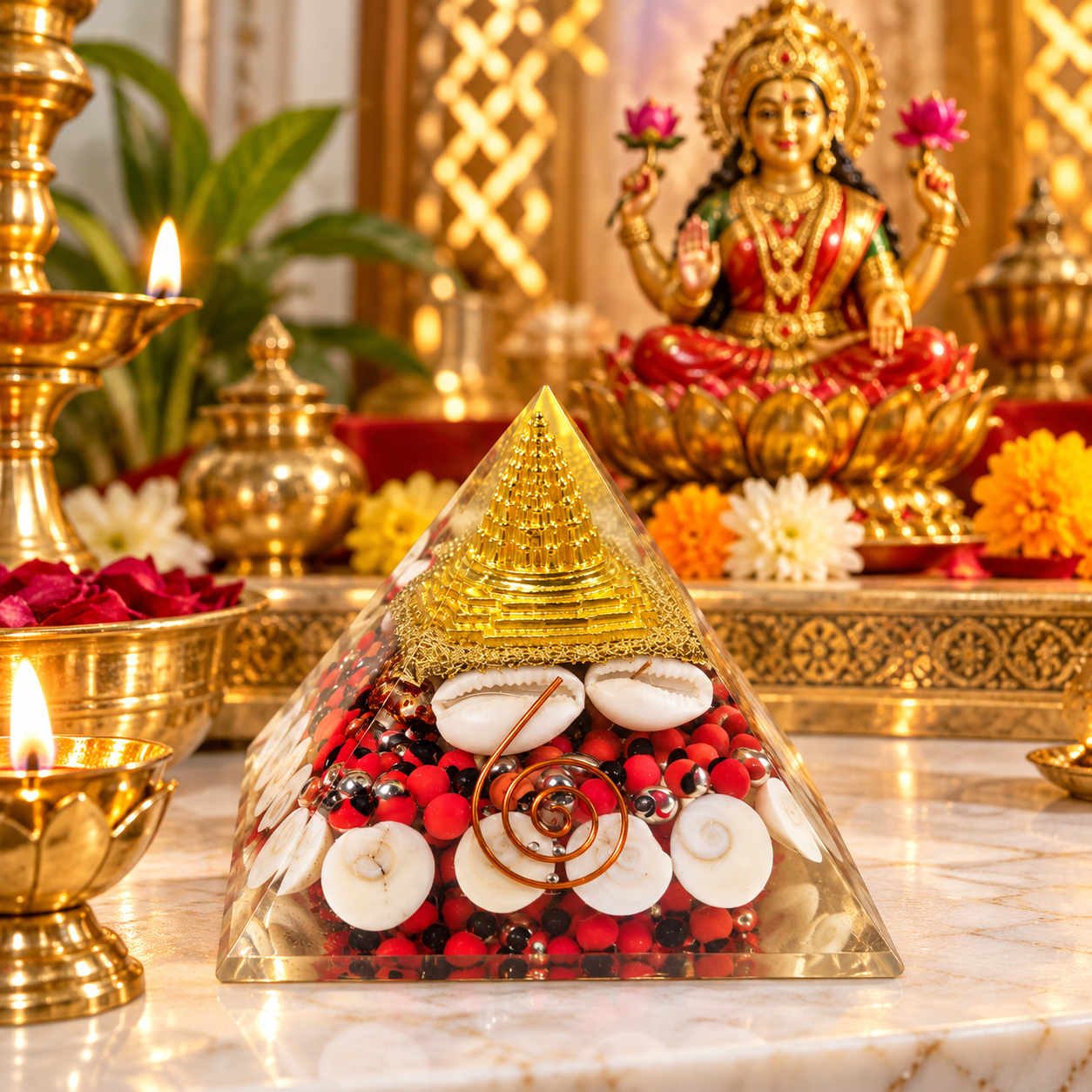 Laxmi Pyramid with Shri Yantra, Cowrie Shells, Gomti Chakras & Decorative Sacred Elements | Traditional Spiritual Décor for Home Temple, Office & Gifting, 3X3 INCH - Image 2
