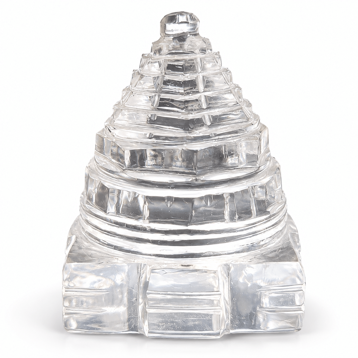 Sphatik Shri Yantra Crystal Meru | Transparent Stepped Sacred Geometry for Puja, Home Temple, Meditation & Spiritual Décor, 4.5 X 4.5 CM
