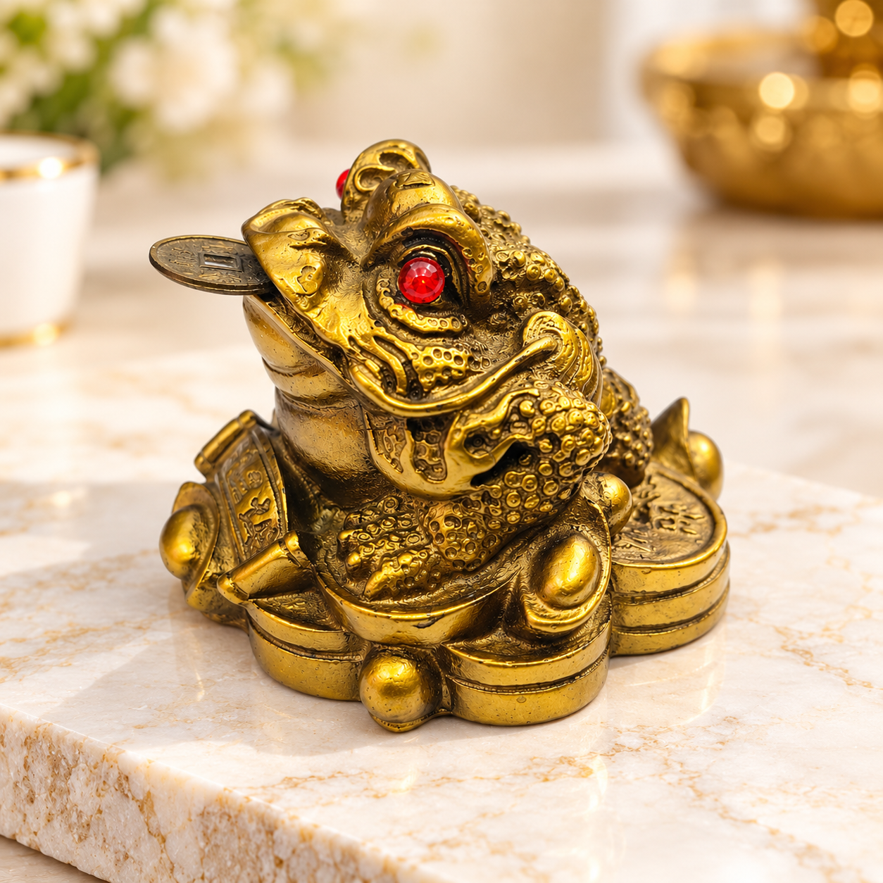 Feng Shui Money Frog with Coin in Mouth | Gold-Tone Three-Legged Toad Figurine with Red Eyes for Home, Office & Traditional Feng Shui Décor - Image 9