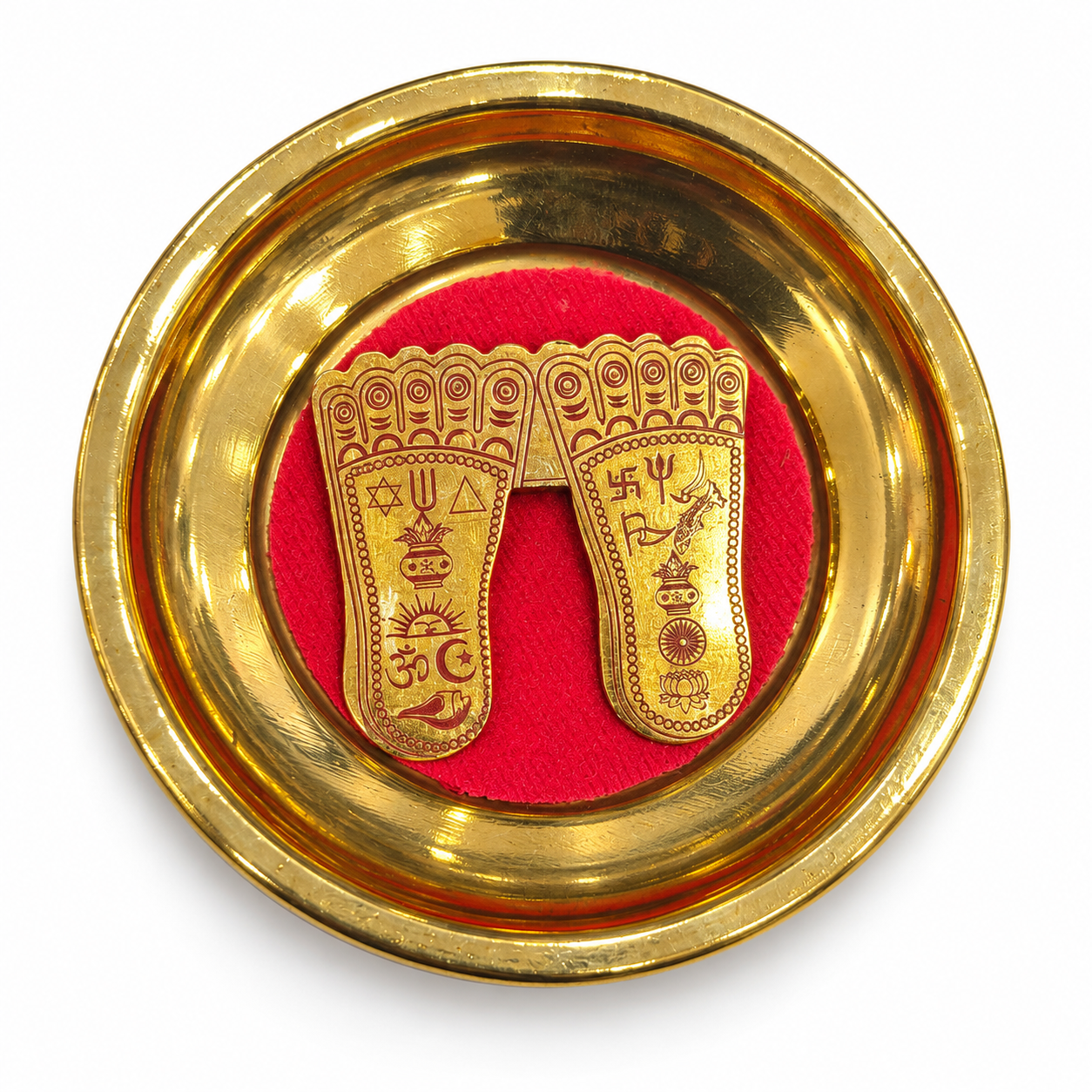 Brass Maa Laxmi Paduka with Red Base | Engraved Goddess Lakshmi Footprints in Golden Finish Plate for Puja, Diwali and Home Temple Décor 2.5 X 2.5 INCH - Image 6