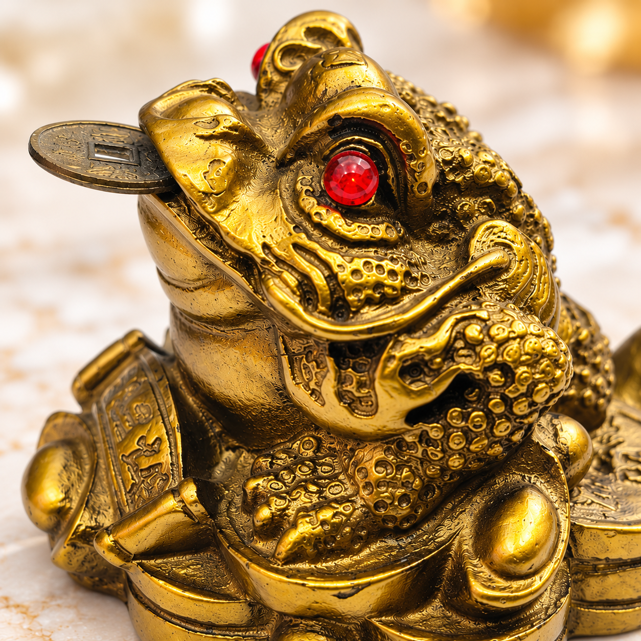 Feng Shui Money Frog with Coin in Mouth | Gold-Tone Three-Legged Toad Figurine with Red Eyes for Home, Office & Traditional Feng Shui Décor - Image 7