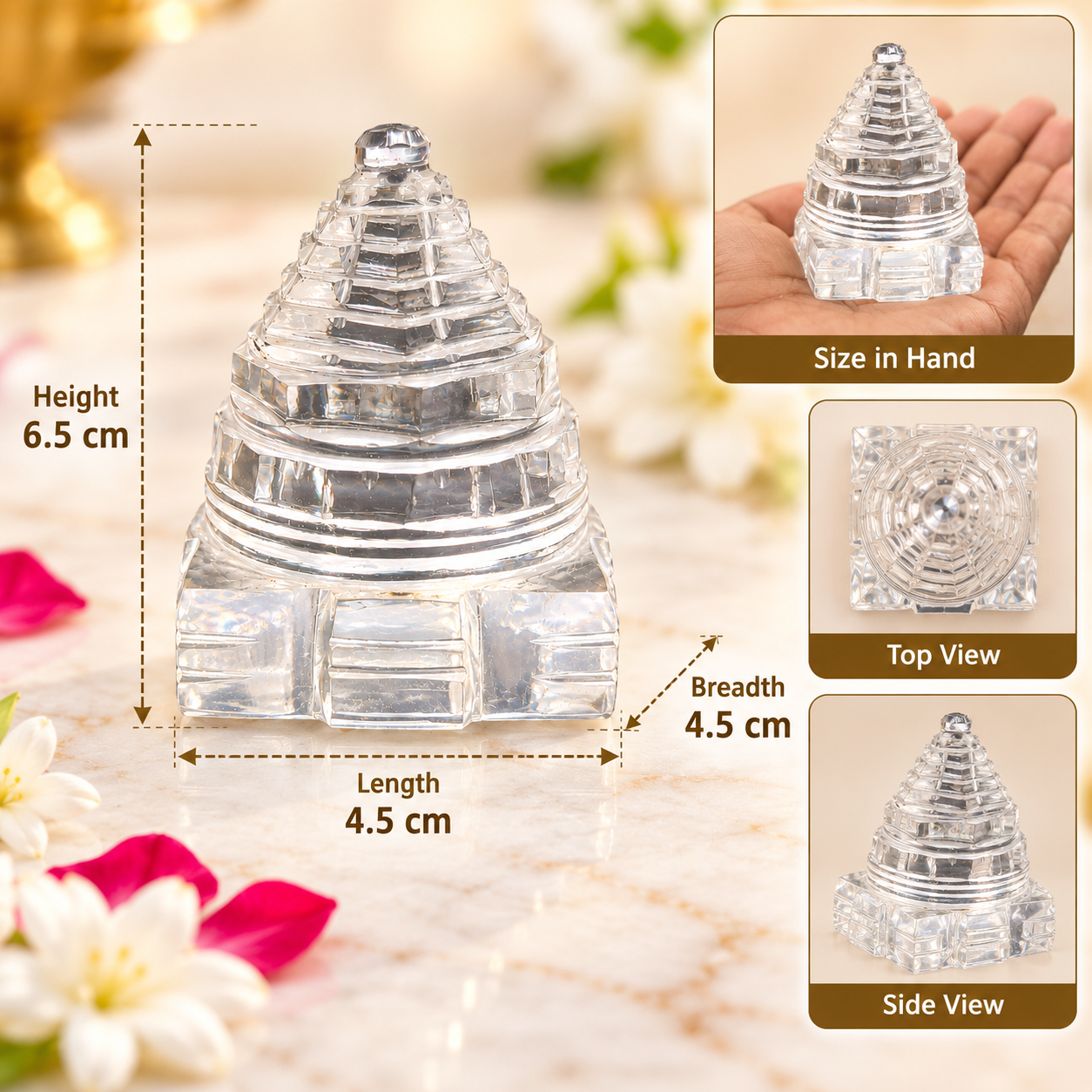Sphatik Shri Yantra Crystal Meru | Transparent Stepped Sacred Geometry for Puja, Home Temple, Meditation & Spiritual Décor, 4.5 X 4.5 CM - Image 5