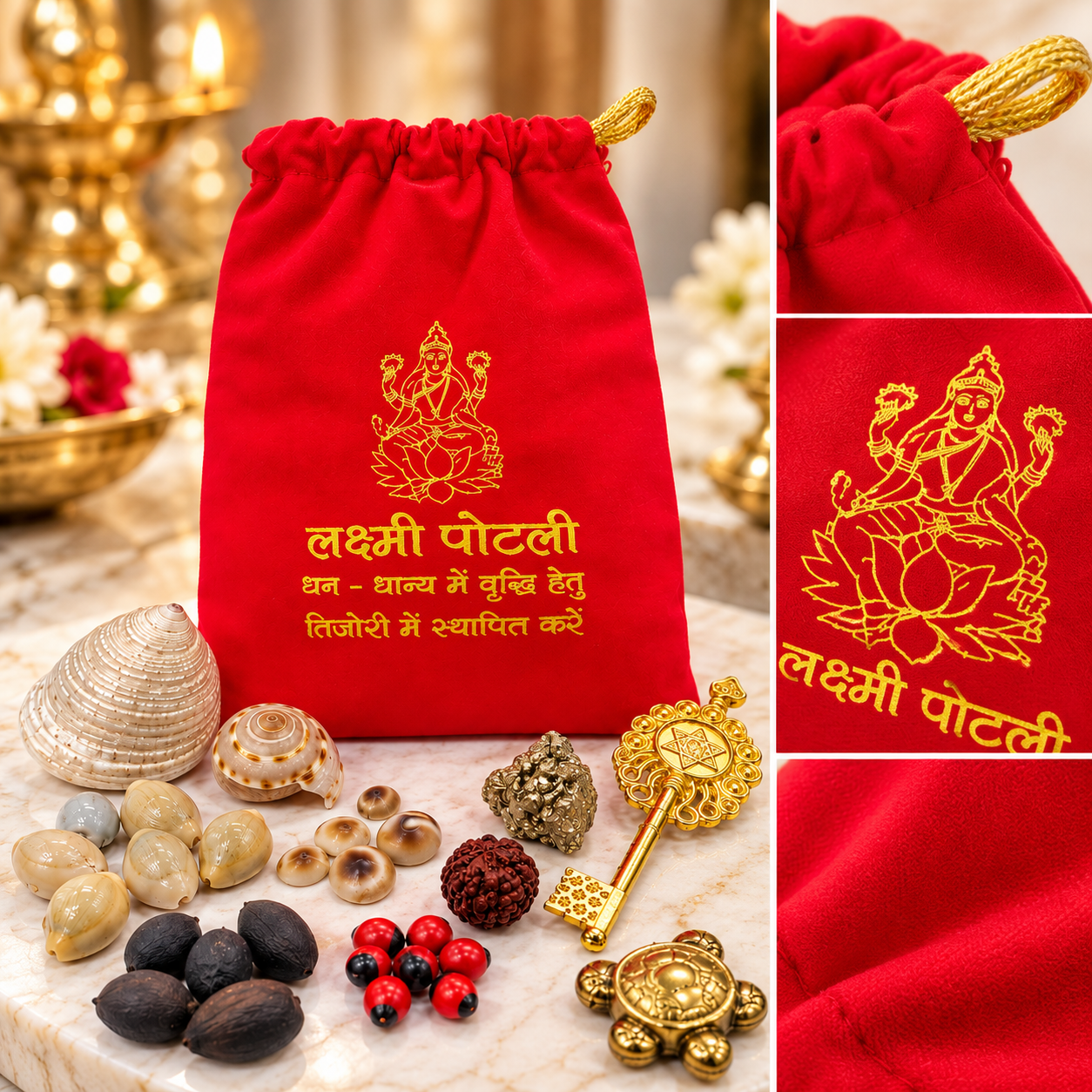 Shri Laxmi Potli for Puja & Spiritual Worship | Red Prosperity Pouch with 10 Traditional Sacred Items - Image 7