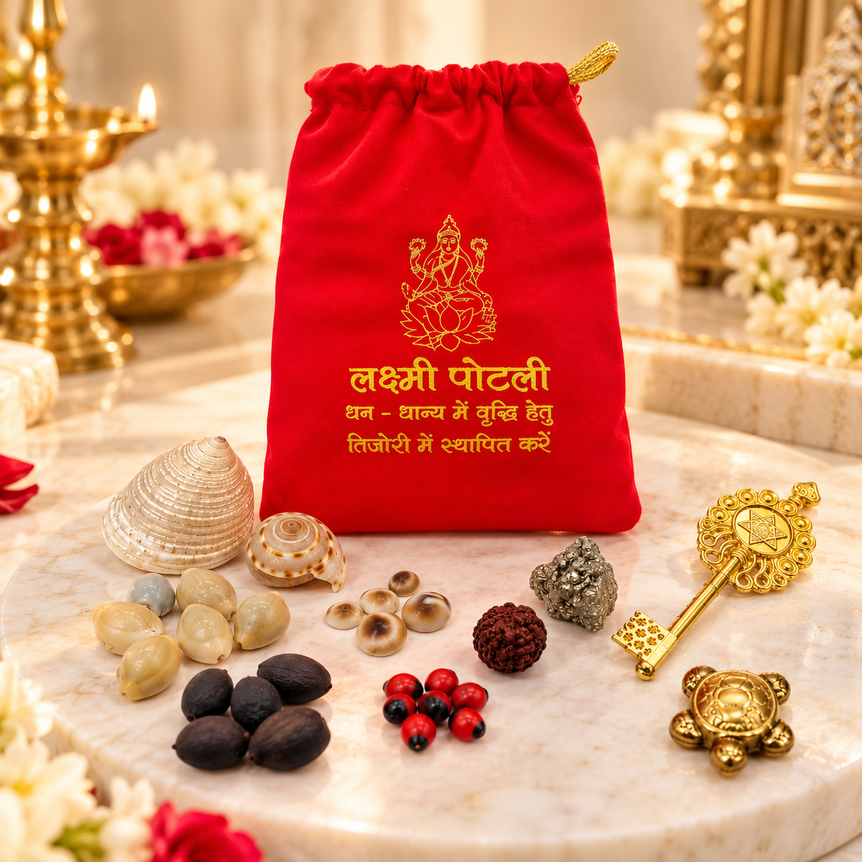 Shri Laxmi Potli for Puja & Spiritual Worship | Red Prosperity Pouch with 10 Traditional Sacred Items - Image 5