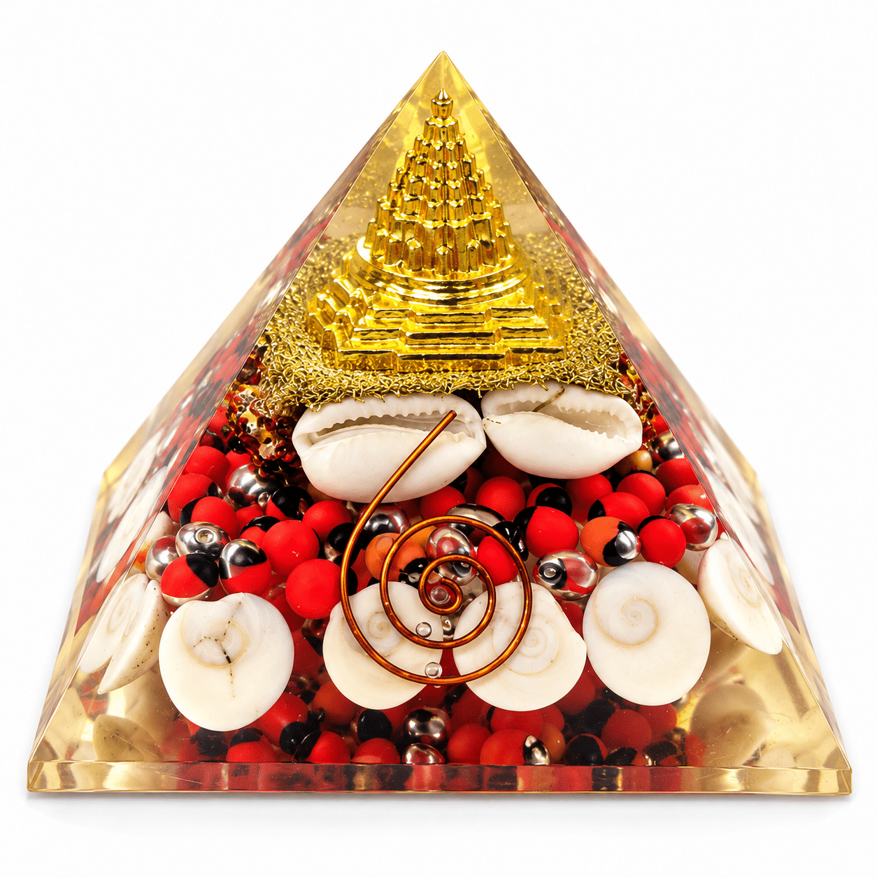 Laxmi Pyramid with Shri Yantra, Cowrie Shells, Gomti Chakras & Decorative Sacred Elements | Traditional Spiritual Décor for Home Temple, Office & Gifting, 3X3 INCH - Image 5