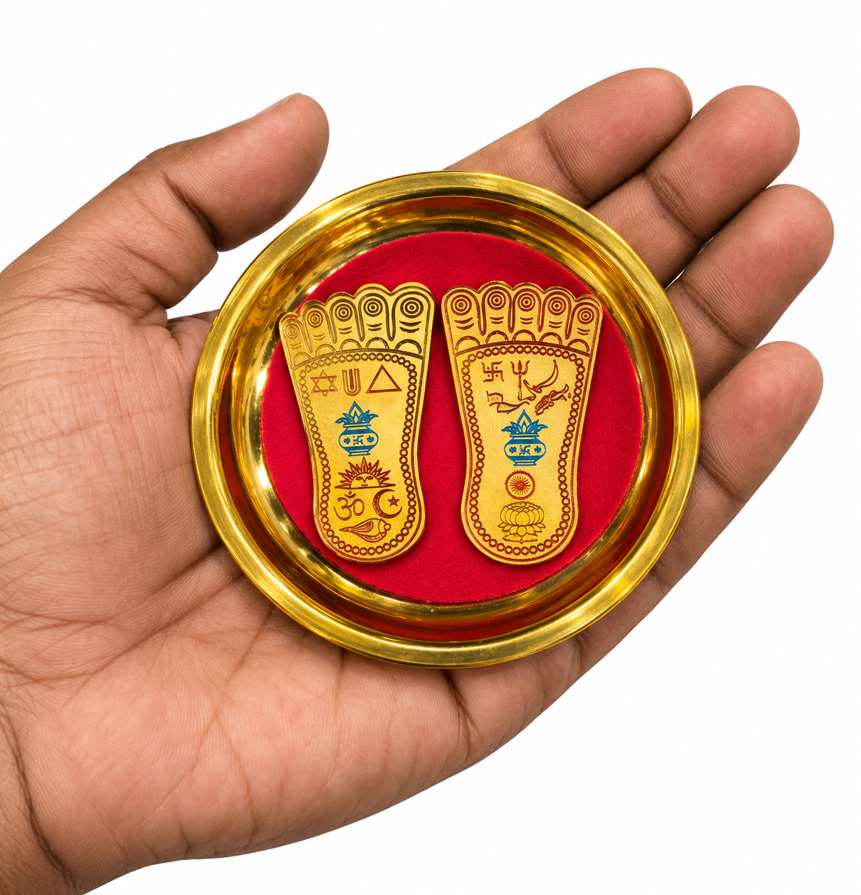 Brass Maa Laxmi Paduka with Red Base | Engraved Lakshmi Charan Footprints on Golden Plate for Diwali, Puja and Home Temple Décor 3 X 3 INCH