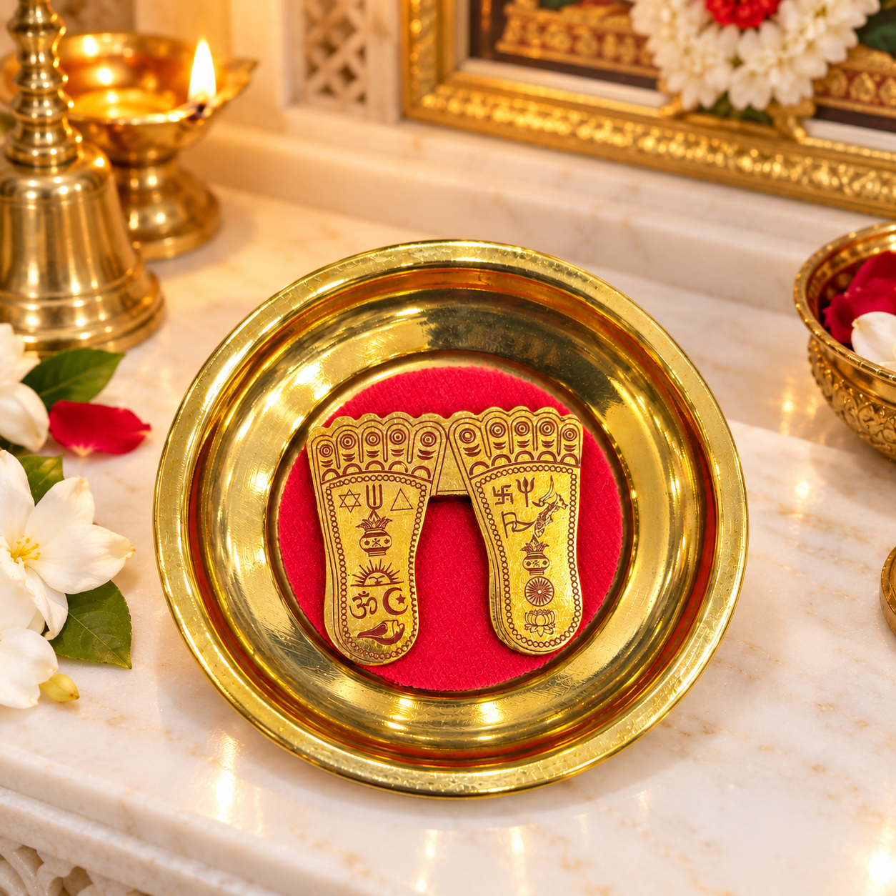 Brass Maa Laxmi Paduka with Red Base | Engraved Goddess Lakshmi Footprints in Golden Finish Plate for Puja, Diwali and Home Temple Décor 2.5 X 2.5 INCH - Image 7