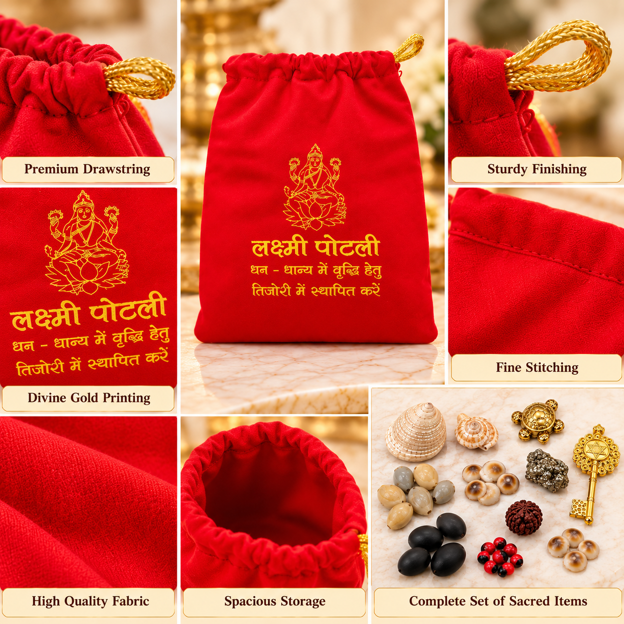 Shri Laxmi Potli for Puja & Spiritual Worship | Red Prosperity Pouch with 10 Traditional Sacred Items - Image 3