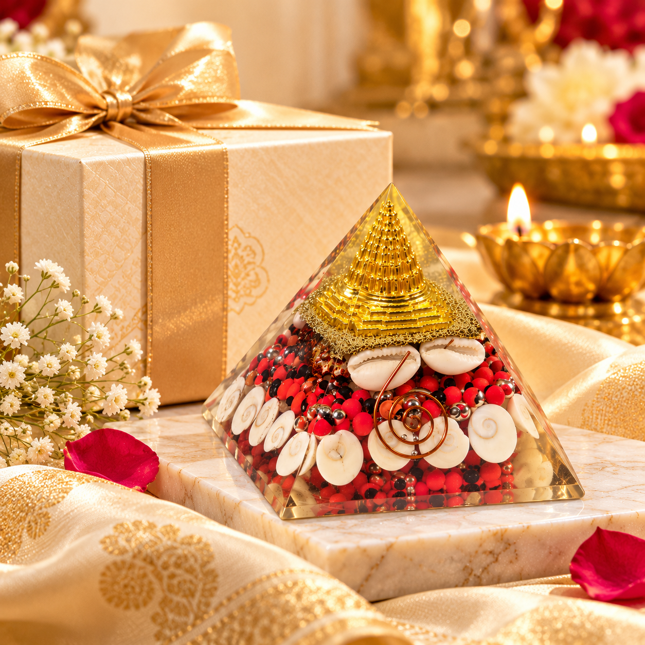 Laxmi Pyramid with Shri Yantra, Cowrie Shells, Gomti Chakras & Decorative Sacred Elements | Traditional Spiritual Décor for Home Temple, Office & Gifting, 3X3 INCH - Image 6