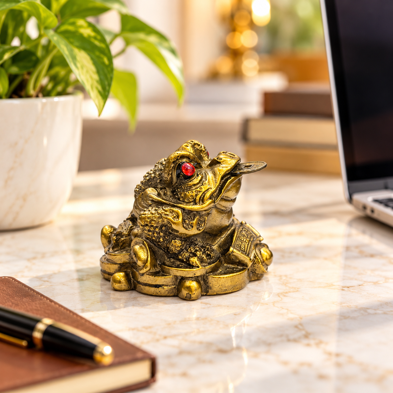 Feng Shui Money Frog with Coin in Mouth | Gold-Tone Three-Legged Toad Figurine with Red Eyes for Home, Office & Traditional Feng Shui Décor - Image 5